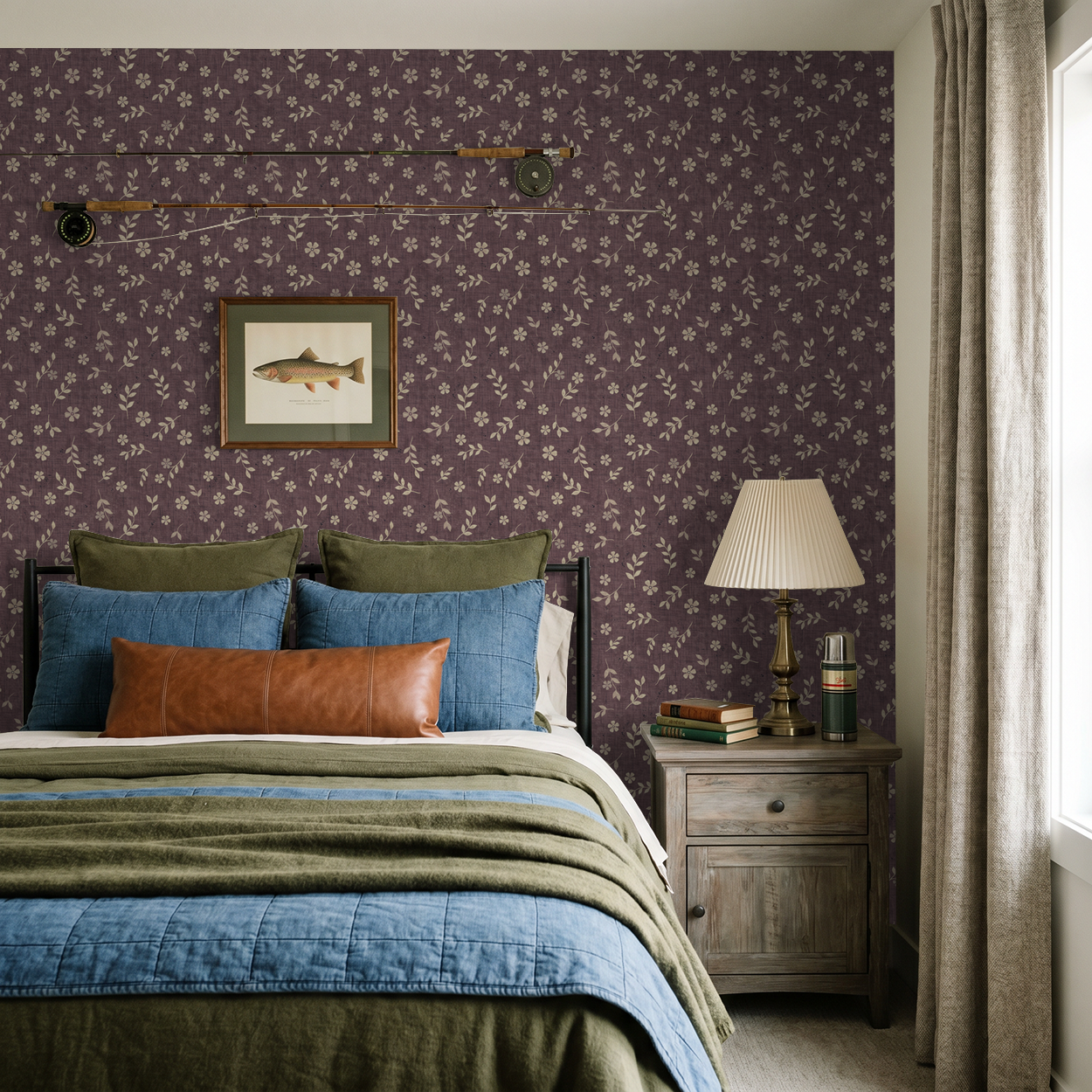 Vintage plum floral wallpaper in cozy bedroom with rustic decor.