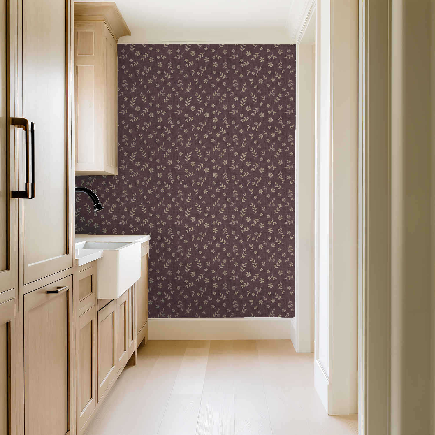 Vintage plum floral wallpaper with creamy white motifs in a kitchen setting.
