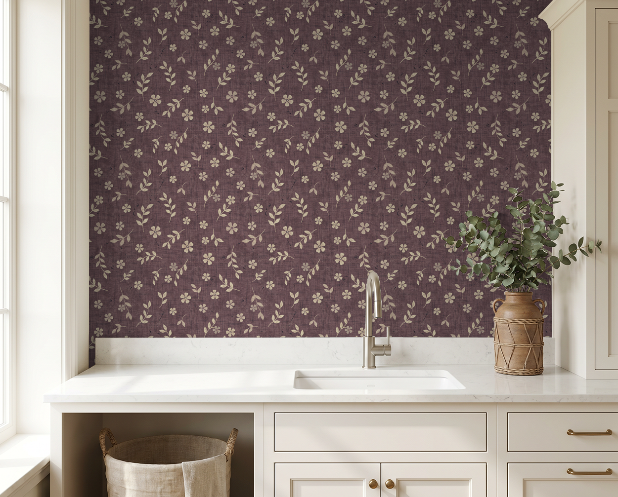 Vintage plum floral wallpaper in kitchen with white cabinets and vase