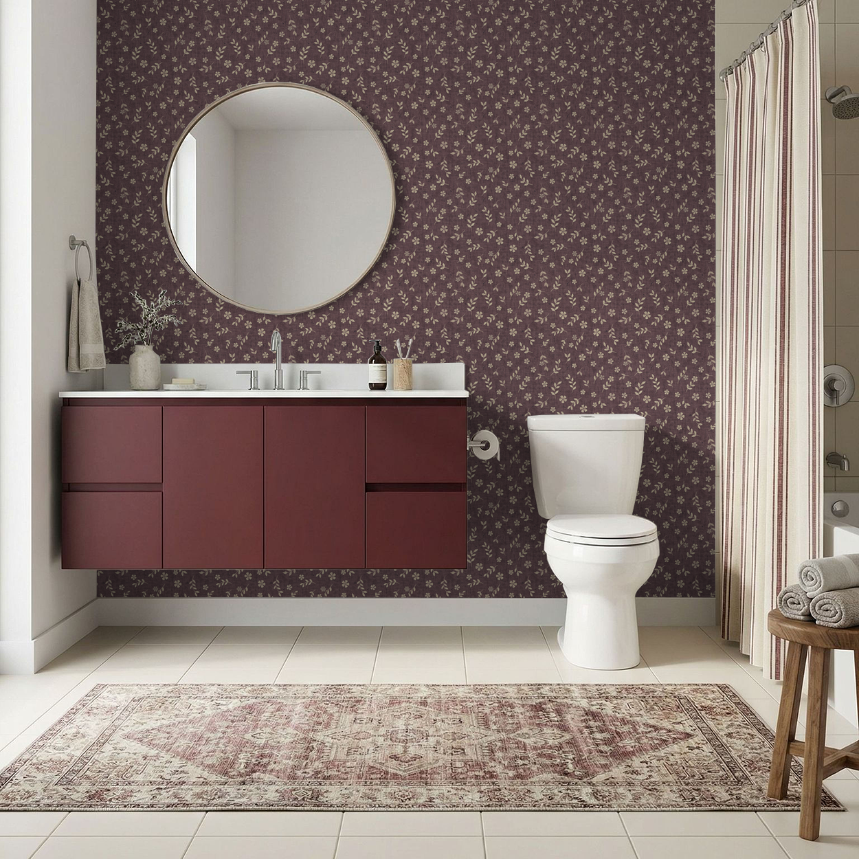 Vintage plum floral wallpaper in modern bathroom with round mirror and maroon vanity.