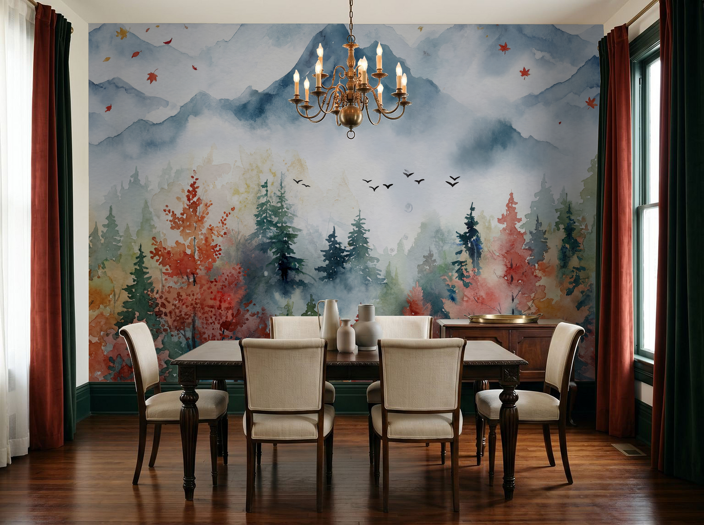 Watercolor autumn landscape wallpaper in dining room with mountains and foliage.
