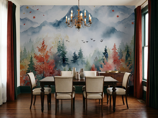 Watercolor autumn landscape wallpaper in dining room with mountains and foliage.