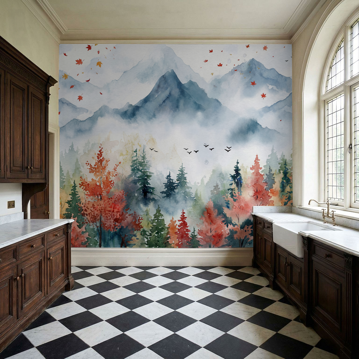 Watercolor autumn landscape wallpaper in kitchen with misty mountains and colorful foliage.