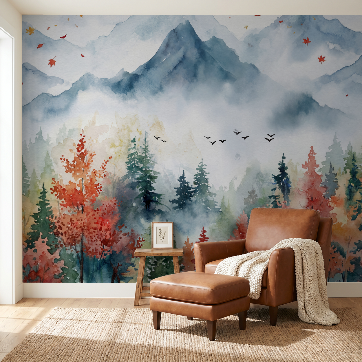 Watercolor autumn landscape wallpaper with misty mountains and vibrant foliage in a cozy living room.