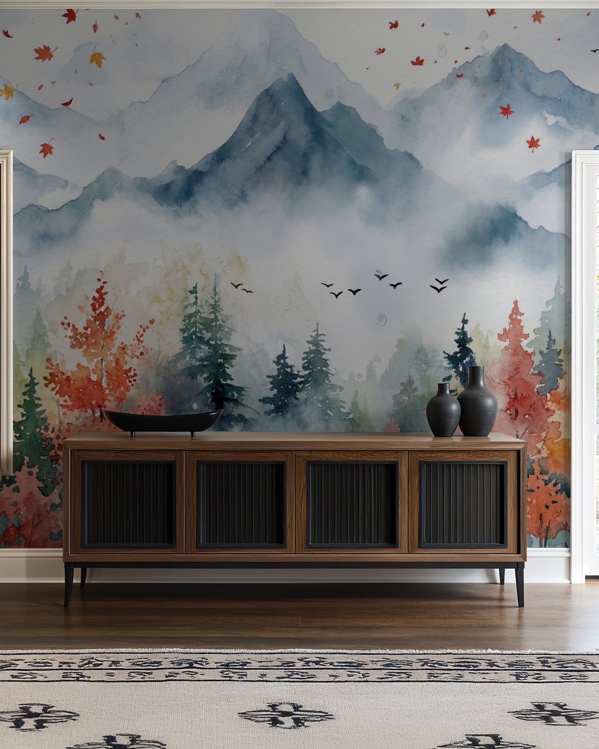 Watercolor autumn landscape wallpaper with misty mountains and foliage in living room.