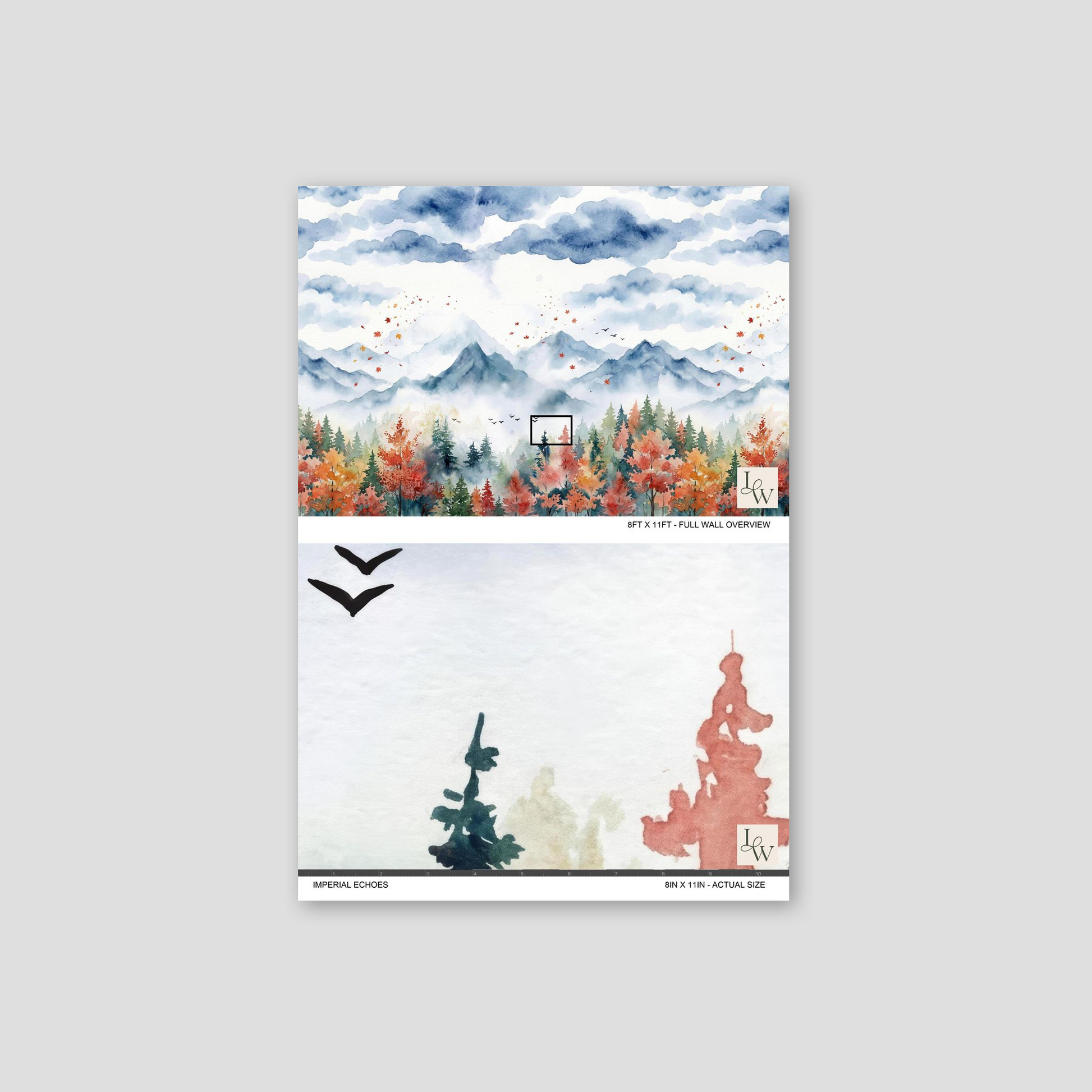 Watercolor autumn landscape wallpaper with misty mountains and colorful foliage.