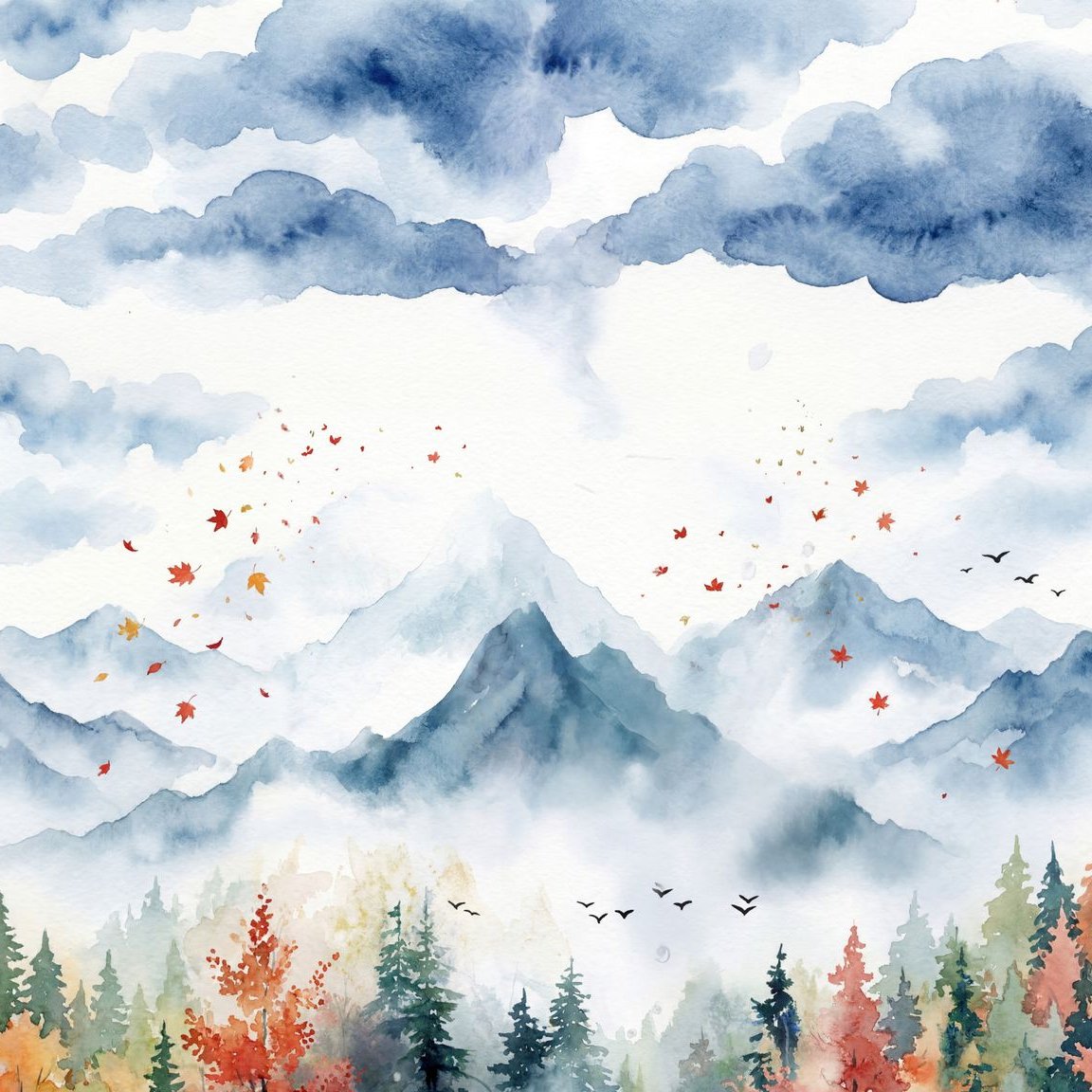 Watercolor autumn landscape wallpaper with misty mountains and foliage.