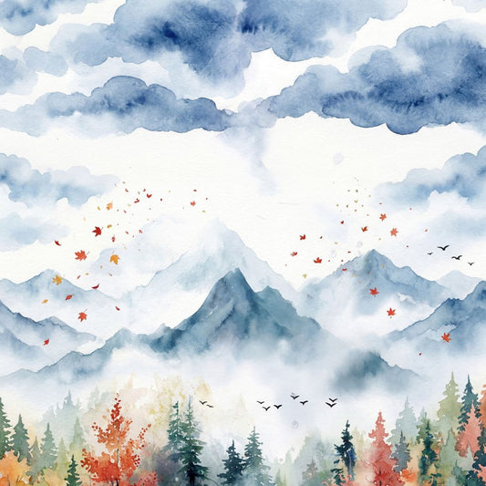 Watercolor autumn landscape wallpaper with misty mountains and foliage.