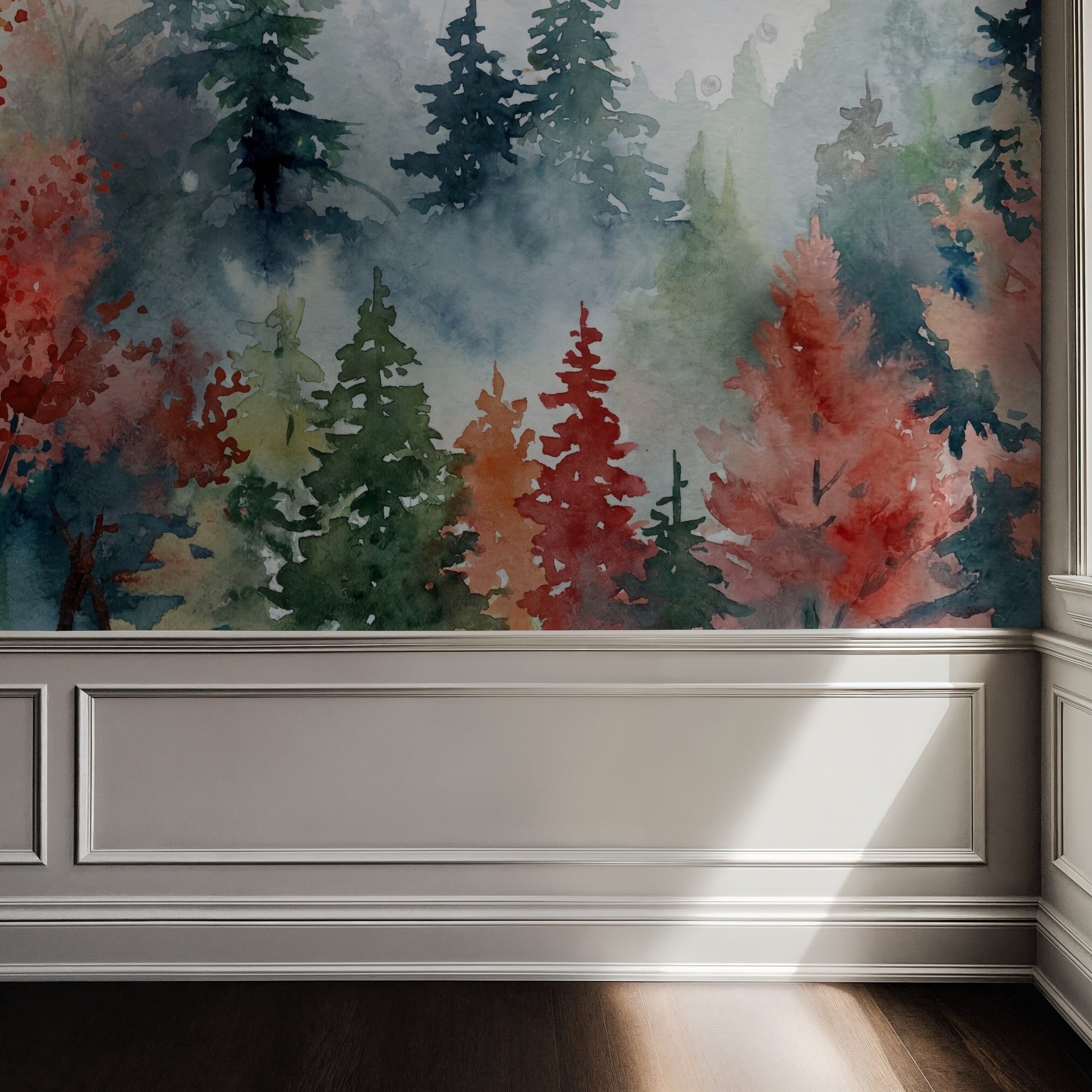 Watercolor autumn landscape wallpaper with misty trees in a sunlit room.