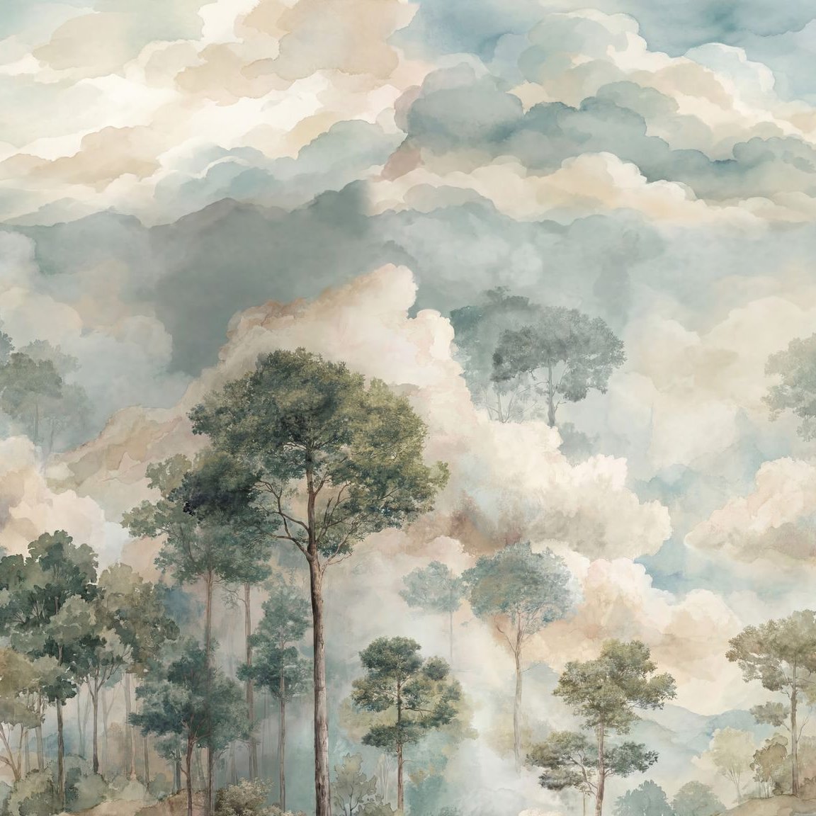 Watercolor forest wallpaper with muted greens and blues, featuring trees and clouds in a serene landscape.