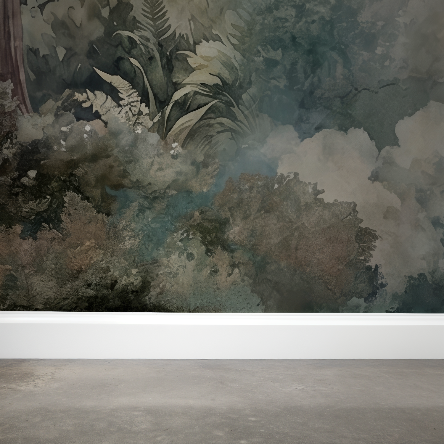 Watercolor forest wallpaper with muted greens and blues in room setting