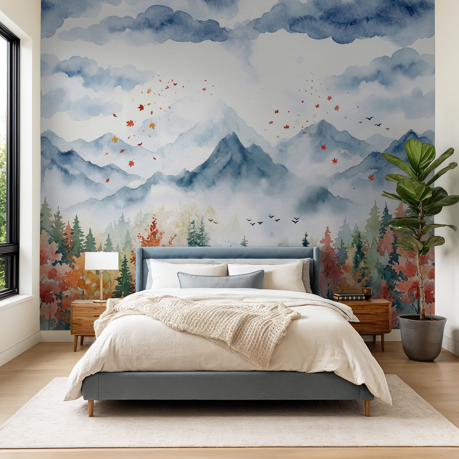 Watercolor mountain landscape wallpaper in serene bedroom setting.