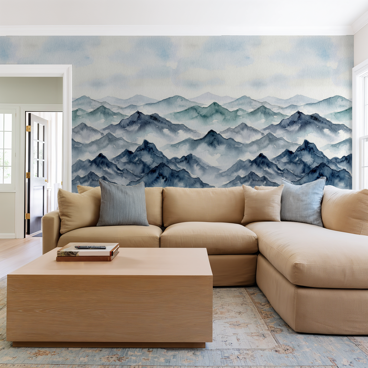 Watercolor mountain wallpaper in serene living room with beige sofa.