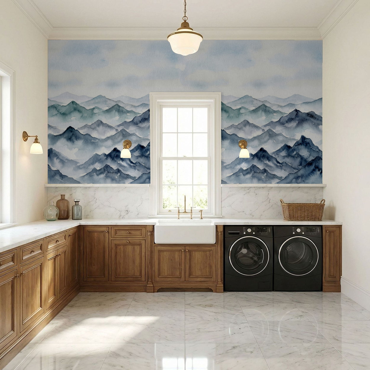 Watercolor mountain wallpaper in serene laundry room with wooden cabinets.